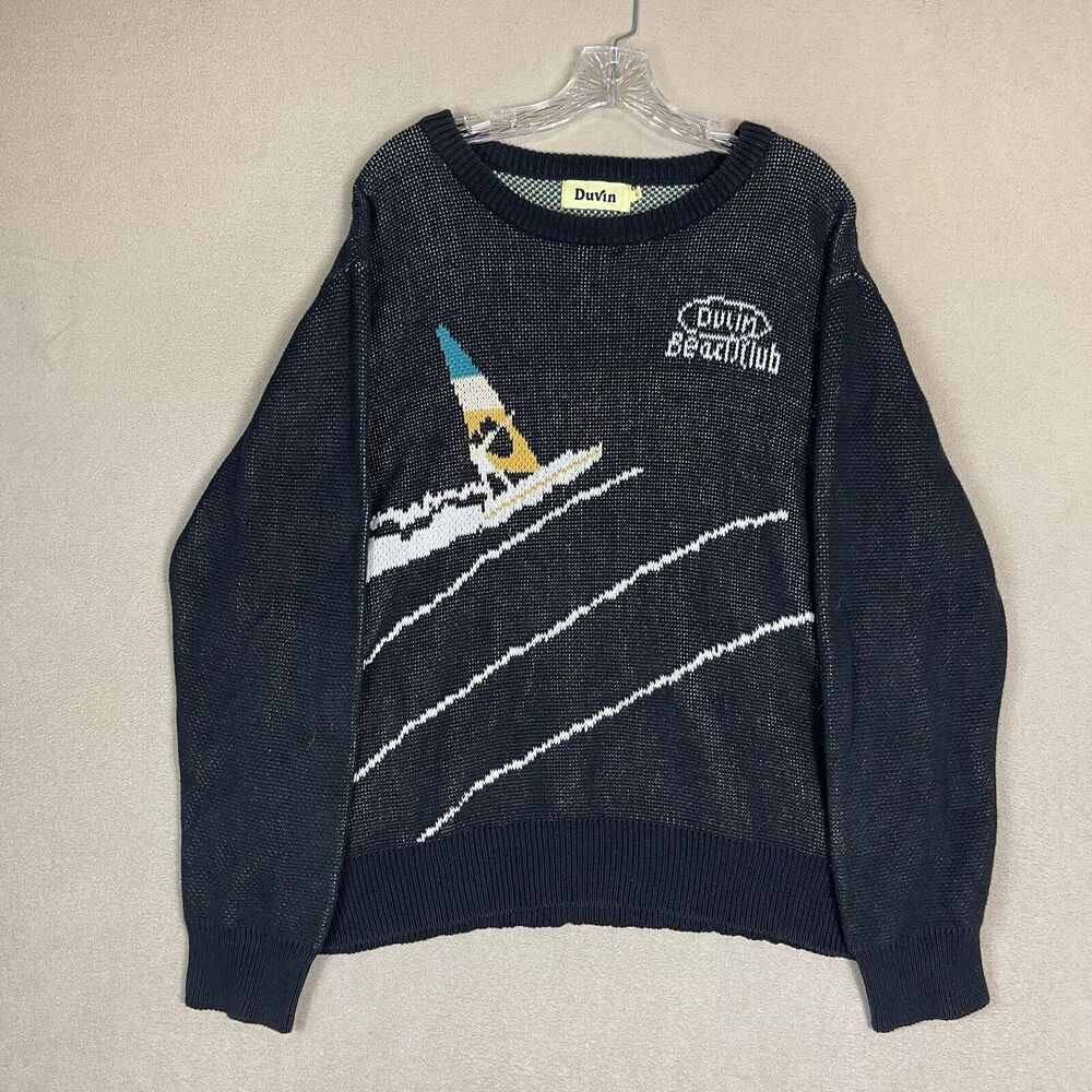 Duvin Sweater Mens L Black Beach‎ Club Knit Pullover Two Sided Graphic Design